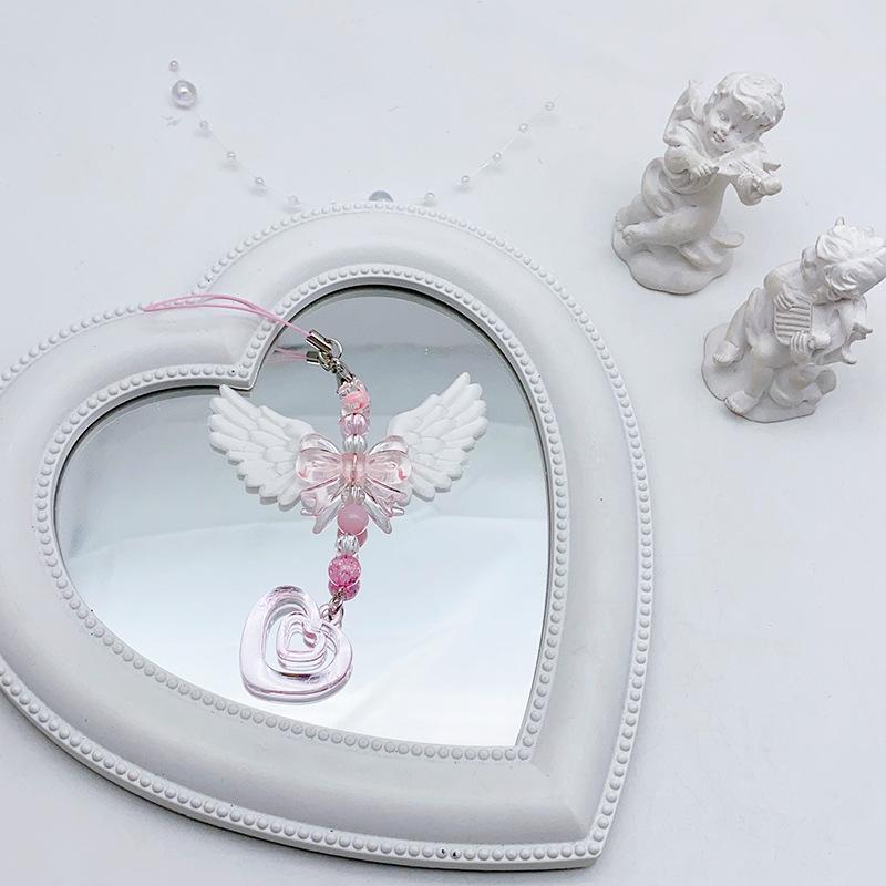 

Cute Trendy Pink Bow Tie White Angel Wings Double Hearts String Beads Keychain Camera Pendant for Women Backpack Jewelry Gift