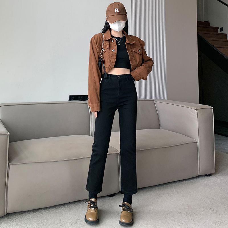 

2025 Spring/Autumn Black Straight-Leg Jeans: Women s Loose Slim Fit, Plus Velvet, Large Size, Nine-Point Cigarette Pants 29