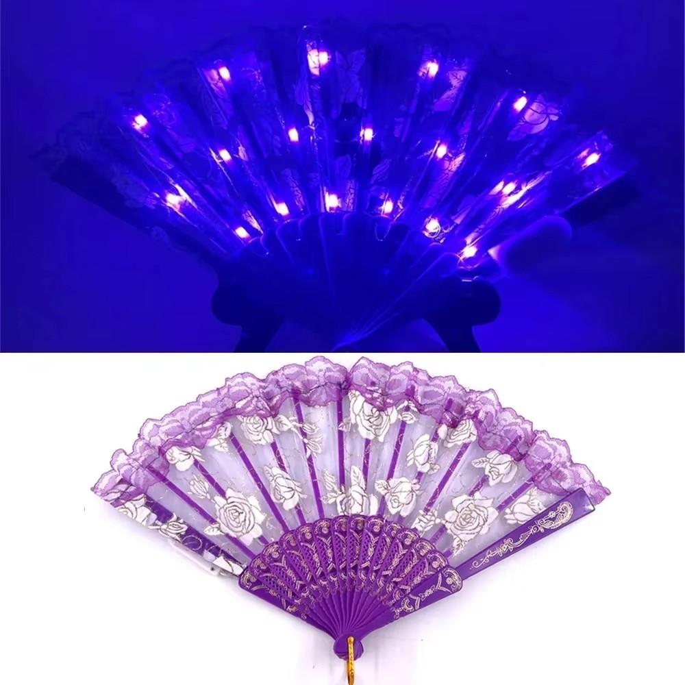 Glowing Lace Rose Fan Light Up Glow In The Dark Night Party Luminous LED Fan For Girls Ladies Women Dancing Music Performance