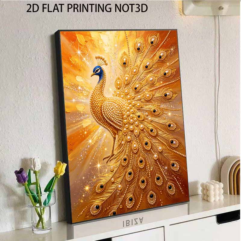 DIY Framed Pearl Painting Kit Golden Peacock Pattern 3D Sparkling Bead Art Canvas Ready To Display Wall Home Decor Craft Gift for Adults
