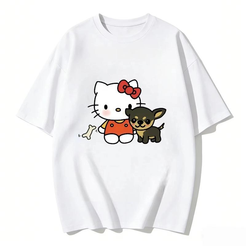 Hello Kitty Cartoon Printed Short Sleeve Cotton Tshirt 2026 Summer Casual Fashion Women Tshirt Y2K Fun Round Neck Womens Top