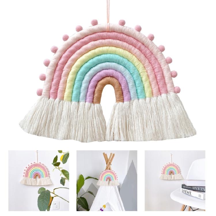 Makramee Regenbogen Wandbehang Baumwoll-Ornamente mit Quasten für Kinderzimmer
