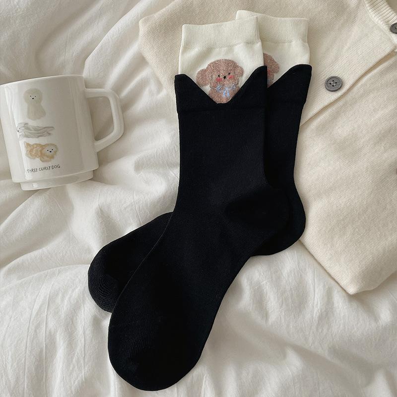 Velvet Cartoon Animal Socks for Women, Autumn Patchwork Fake Two Mid-calf Socks In Contrasting Colors, Boneless Pile Socks