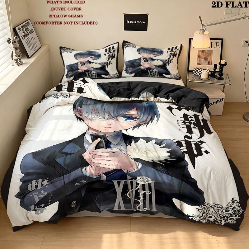 Black Butler Pattern Bedding Quilt Set Quilt Cover Pillowcase Home Birthday Gift(1 * duvet cover + 2 * pillowcase, without core)