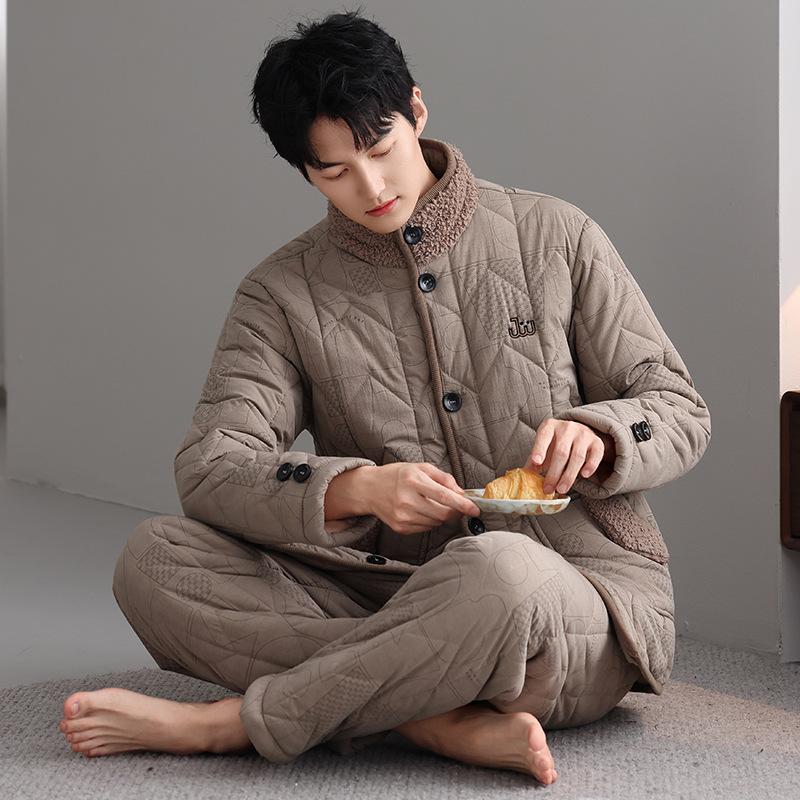 Down Jacket Three-Layer Padded Pajamas Men'S Turtleneck Cardigan Thermal Suit Winter Men'S Velvet Thickened Loungewear
