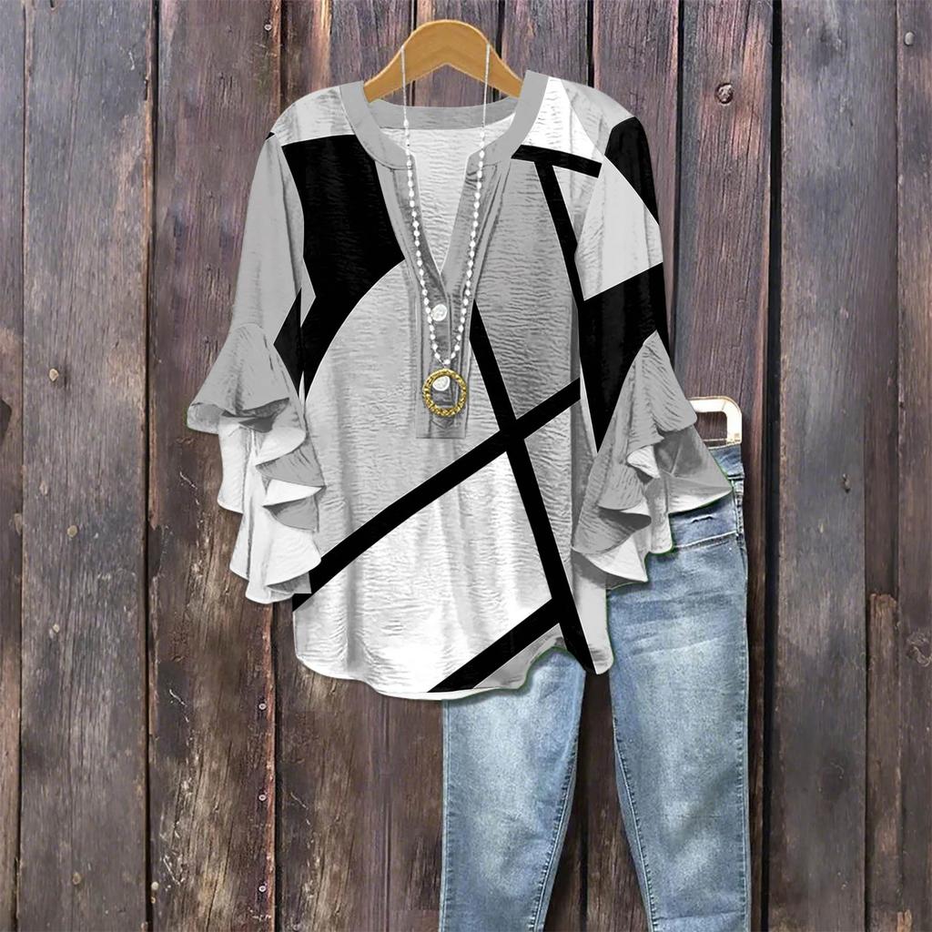 Women's Fashion Casual Button V-Neck Seven Sleeve Vintage Printed Shirt Top