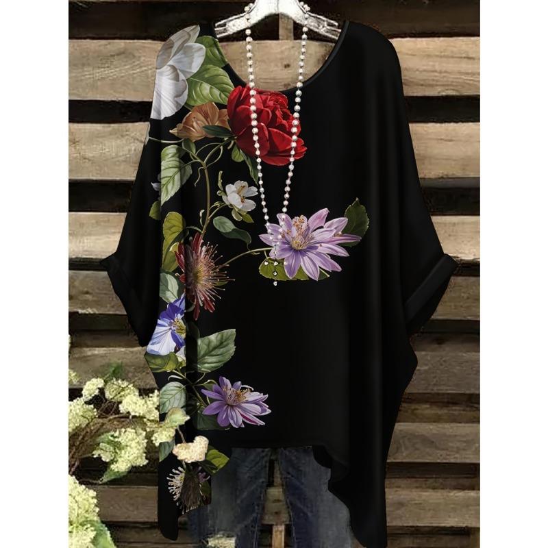 Women's Bohemian Flower Print T-Shirts Black Colorful Retro Full Body Graphic