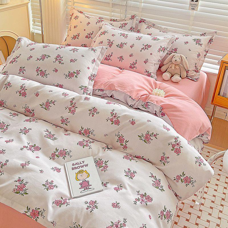 Vierteiliges Bettwäsche-Set, Bettwäsche, Gewaschene Baumwolle Sandgestrahlt Verdickter Bettbezug, Stepplaken, Studentenwohnheim Einzelbettbezug Dreiteiliges Set