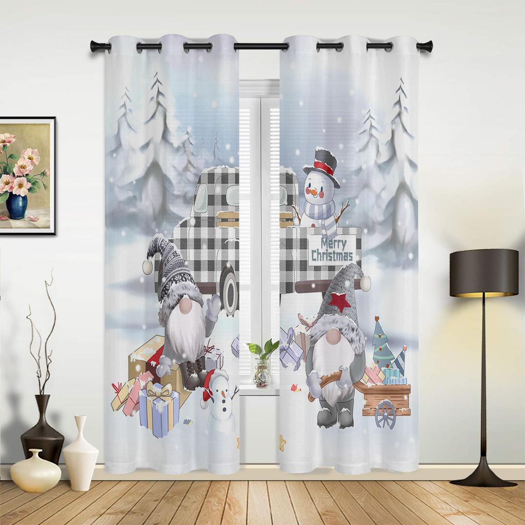 Christmas Winter Snowflake Dwarf Blue Window Curtains Decor Home Bedroom Kitchen Living Room Ornament Xmas Gifts Navidad Curtain Polyester Ideal For