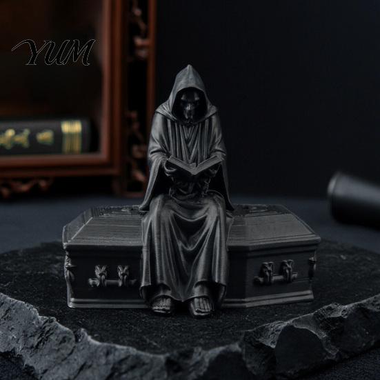 Collectible Gothic Figurines 3D Printed Reading Skeleton Figurine, Hooded Reader Statue, Creative Bedroom Decorations Spooky Desktop Ornament for Home