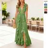Women's Spring New Elegant Print Deep V Sexy Waist Hollow Dress