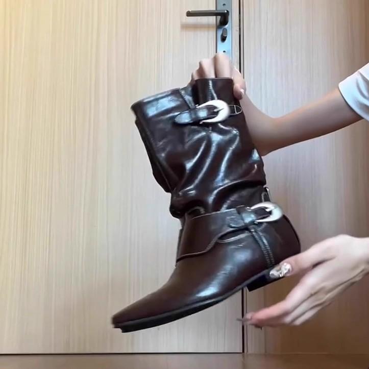 2025 new~ niche design retro Martin boots belt buckle thick heel pointed metal buckle black boots women