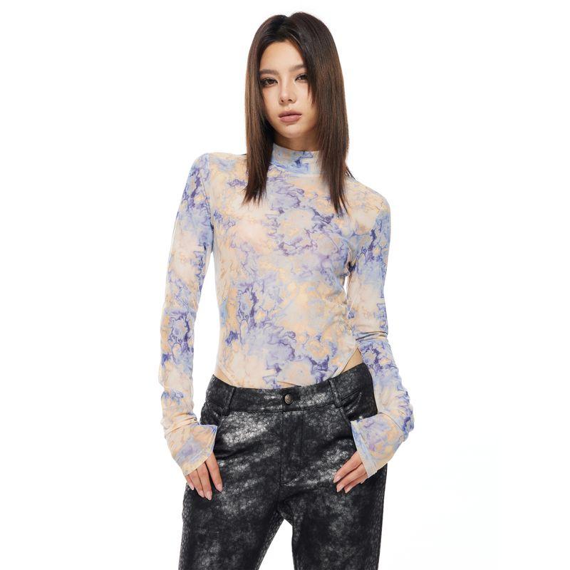 Thelight24 Early Autumn New Arrival Midriff Outfit Long Sleeves Mesh T-shirt Women's Small Turtleneck Sun Protection Shirt Tie-Dye Print Sexy