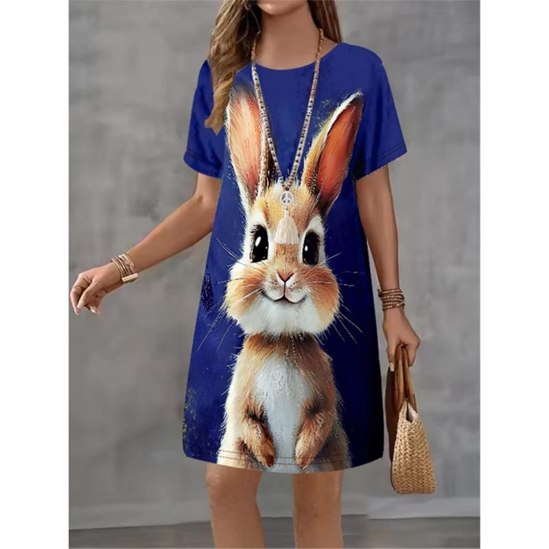 Women Dress Cute Rabbit Pattern Print Design Sense Pattern 2025 Summer Elegant Women A-Line Dress Casual Short Sleeve Mini Dress