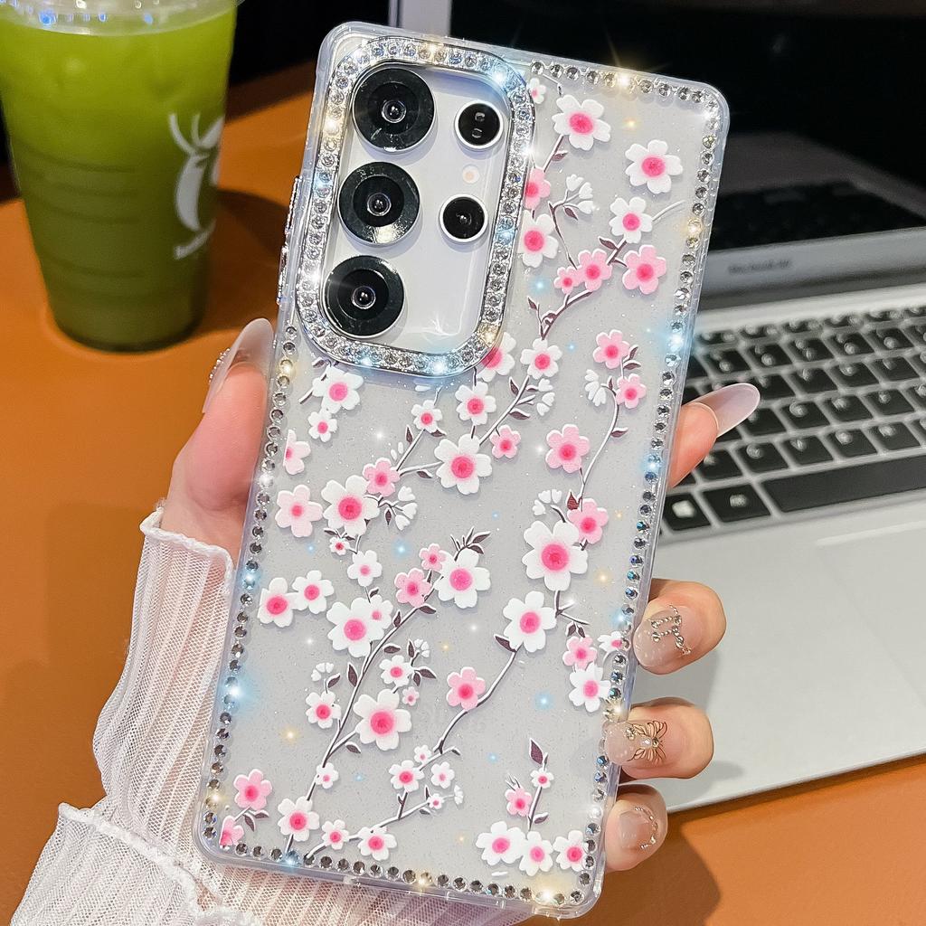 Samsung S25Ultra Mobile Phone Case Flash Drill S24FE Flower One Line Mirror Bracket A36 Protective Cover