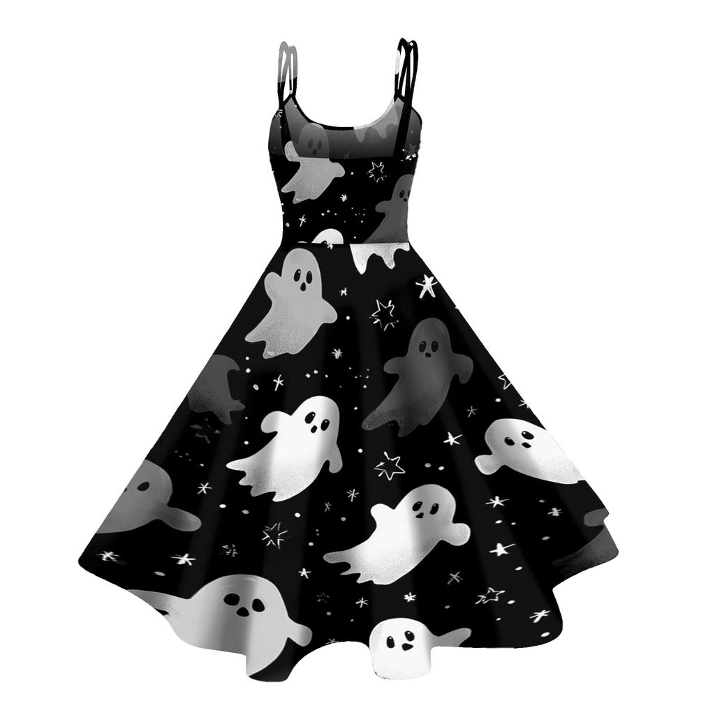 Women's Sleeveless Casual Dress Halloween Print Round Neck Vintage Style Swing Dress with Adjustable Straps for Everyday Wear