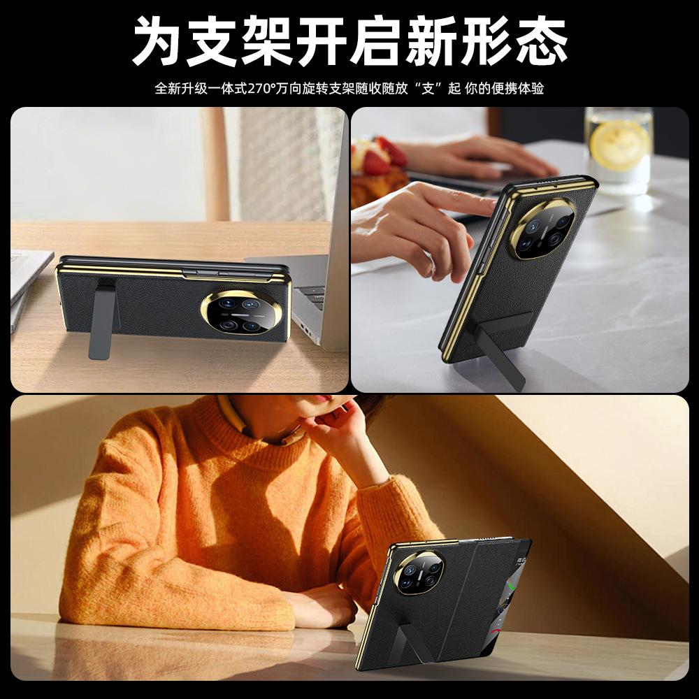 For Huawei Mate X6 X5 Genuine Leather Case 270° Rotation Metal Stand Camera Lens Protector Smart View Plated Cover