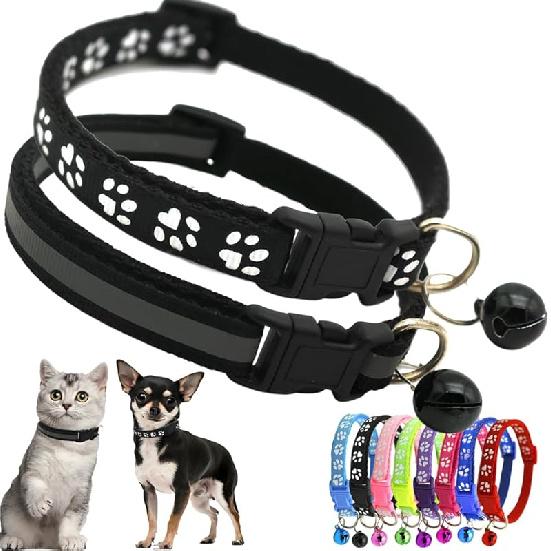 Pink Extra Small Dog Collar with Bell, 2-Pack Puppy Collar with Bells Reflective Kitten Cat Collars Adjustable Buckle for Tiny Little XS XSmall Small