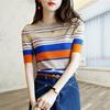 Summer Women's Color Block Striped Knit Top Crew Neck Short Sleeve Slim T-Shirt