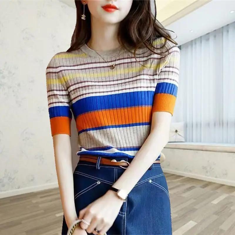 Summer Women's Color Block Striped Knit Top Crew Neck Short Sleeve Slim T-Shirt