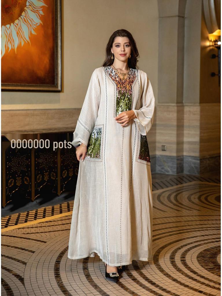 AB053 Dubai Beaded Sequin Jalabiya: Women's Embroidered Long Robe for Eid al-Fitr.