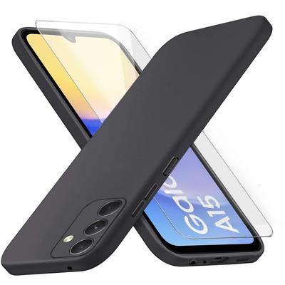 Case for Samsung Galaxy A15, Silicone Lite, Black + 9H Glass