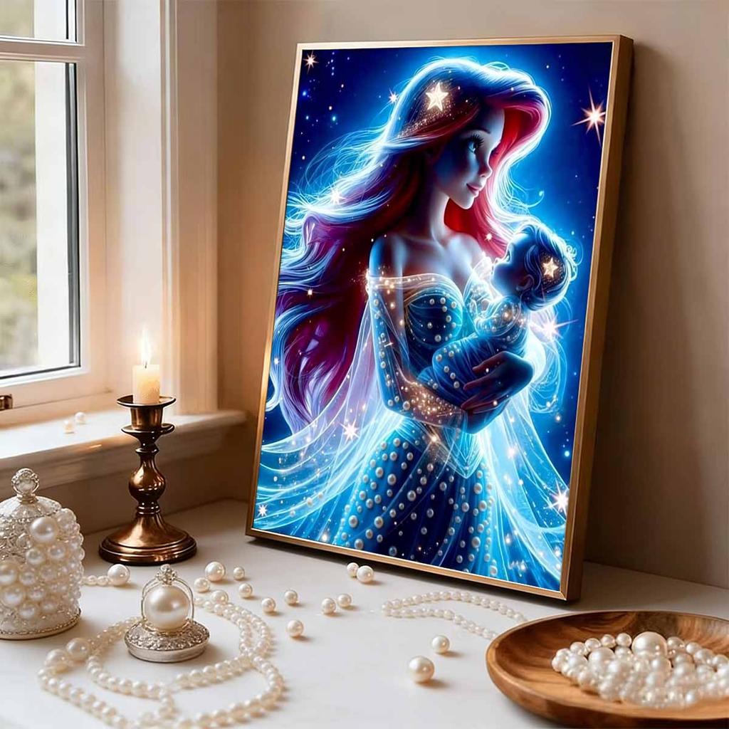 Pearl Inlaid Ariel Holding Baby Craft Painting Parent-child Theme Fantasy Starry Sky Starlight Element Handmade Art Painting