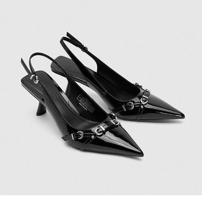 Women Sandals Pointed Toe Summer Dress Shoes Thin High Heels Back Strap Rivet Design Casual Pumps Ladies Black Mid Heel Sandals