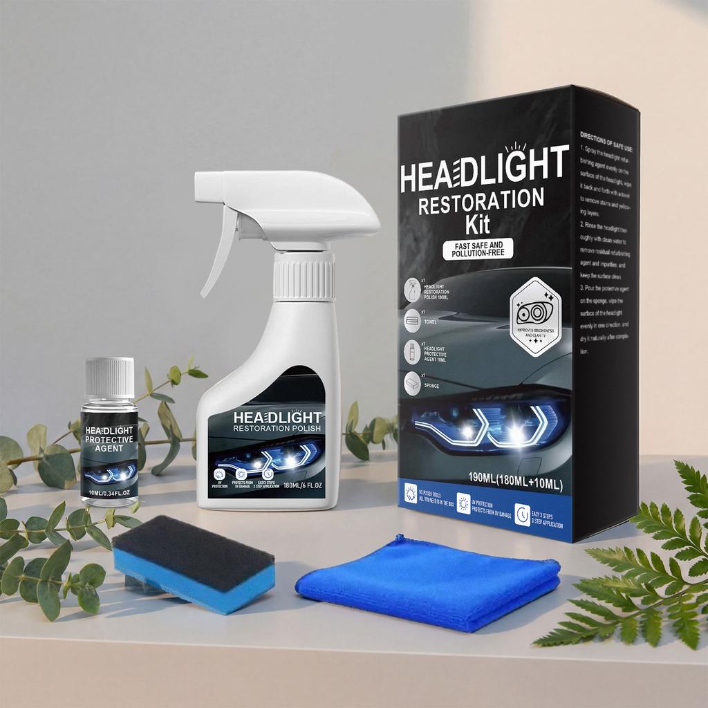 Automotive Headlamp Restoration Fluid Kit with Towel and Sponge Car Headlight Cleaner for Oxidized and Yellowed Lenses