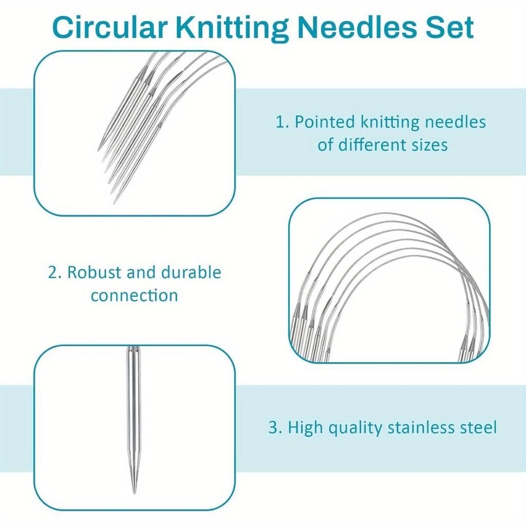10pcs 40cm Circular Knitting Needles Set Stainless Steel Sock Knitting Needles with Sizes 2-7mm Flexible 2 Ended Circular Needle