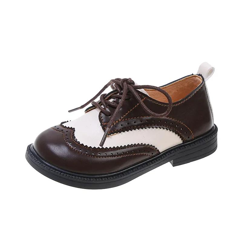 

Kids Leather Shoes British Style Retro New Fashion Children Flat Shoes Pu Soft Sole Boys Casual Shoes Non-slip for Girls 26 кофейный