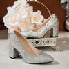 Large Size Wedding Shoes Women's Silver Crystal Sequins Pointed High Heels Girl Thick Heel Banquet Bridesmaid Single Shoes Women