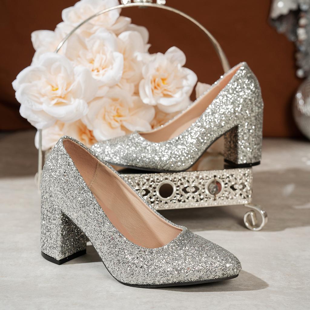 Large Size Wedding Shoes Women's Silver Crystal Sequins Pointed High Heels Girl Thick Heel Banquet Bridesmaid Single Shoes Women