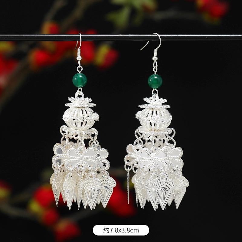 Miao Yin earrings original niche retro Dongling jade earrings long fringed earrings women
