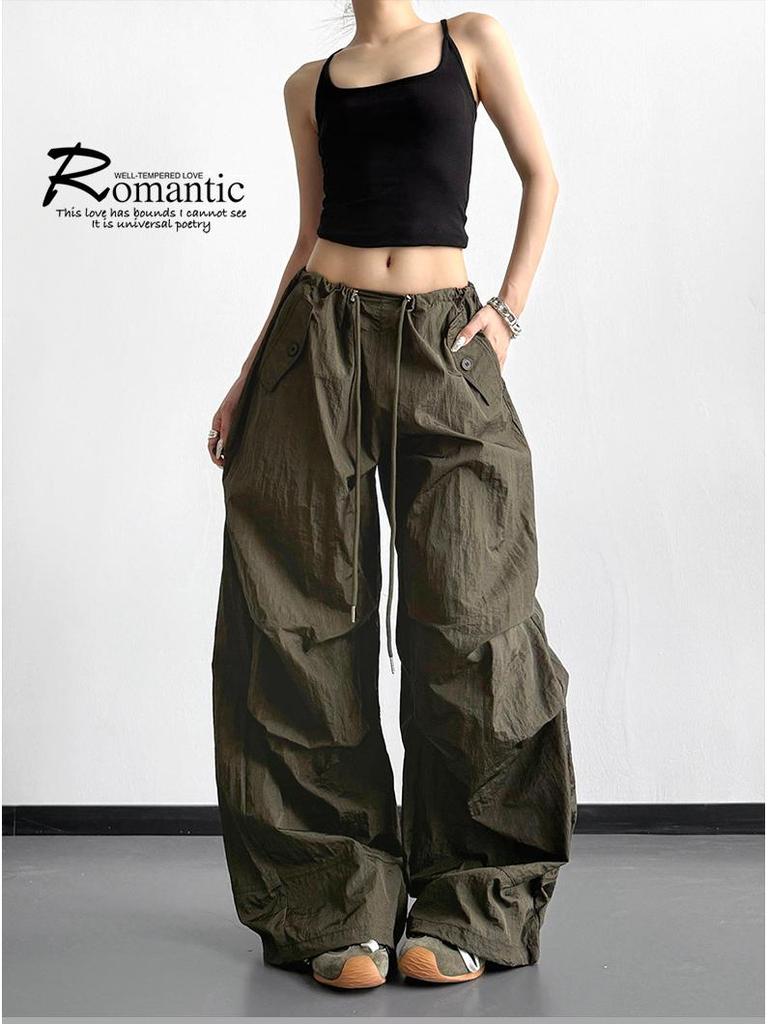 Women's Black Wide-Leg Paratrooper Pants - 2026 Spring Casual Outdoor Fashion