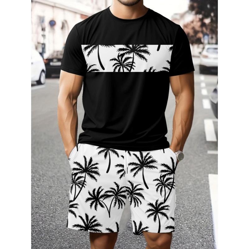 2026 Summer Fashion T-Shirt and Shorts Set Stylish Streetwear Look for Men–3D Short-Sleeve Oversized Top with Palm Tree Print