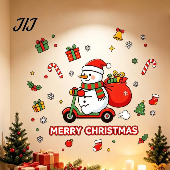 Window Beautification Supplies Cute Snowman Scooter Christmas Static Cling, Cartoon Merry Glass Waterproof Decorations Decal, Sticker for Home