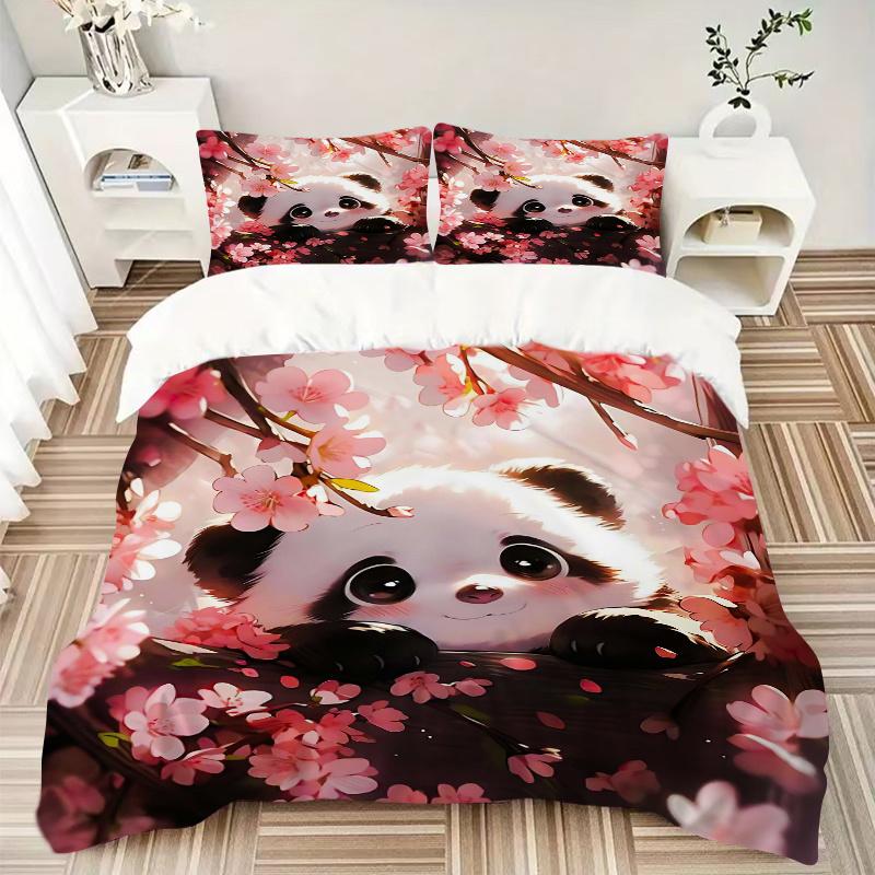 3pcs Sakura Panda Bedding Set - Includes 1 Quilt Cover and 2 Pillowcases, Comfortable Bedding with Stylish Design for Bedroom, Machine Washa