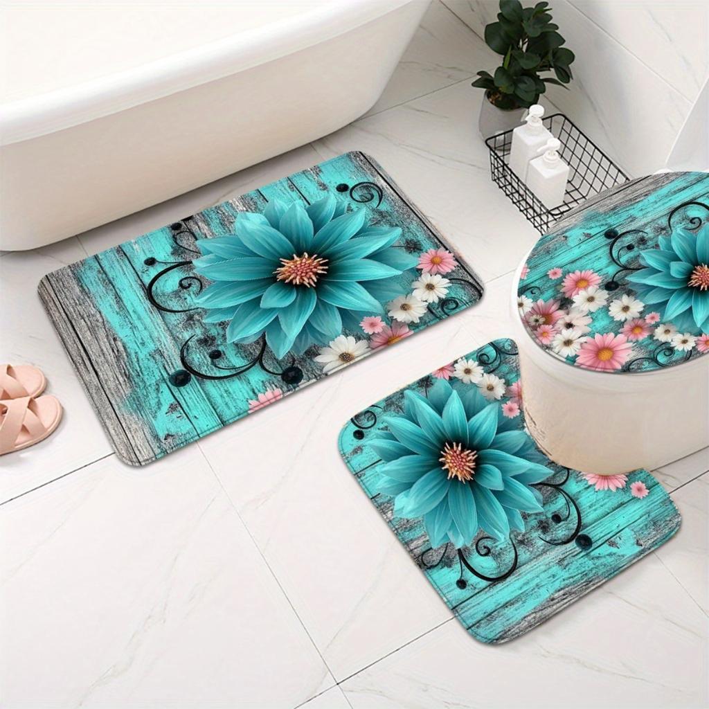 Ensemble de rideau de douche Art Moderne 4 pièces avec tapis de bain antidérapant, housse de siège de toilette, tapis contour et 12 crochets, Décoration de salle de bain