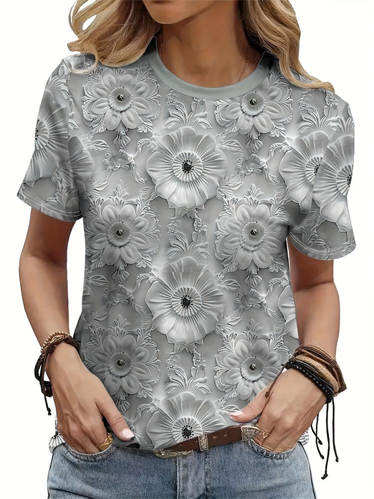 Summer Women'S T Shirt Vintage Patchwork Pattern Tee Short Sleeve Women'S Casual Short Sleeve Tee Round Neck Commuter Clothing