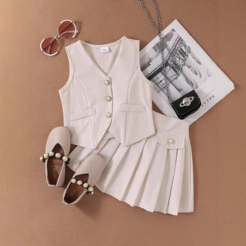 

Модный комплект для девочек, летний детский повседневный комплект из жилета и плиссированной юбки 5Y абрикосовый