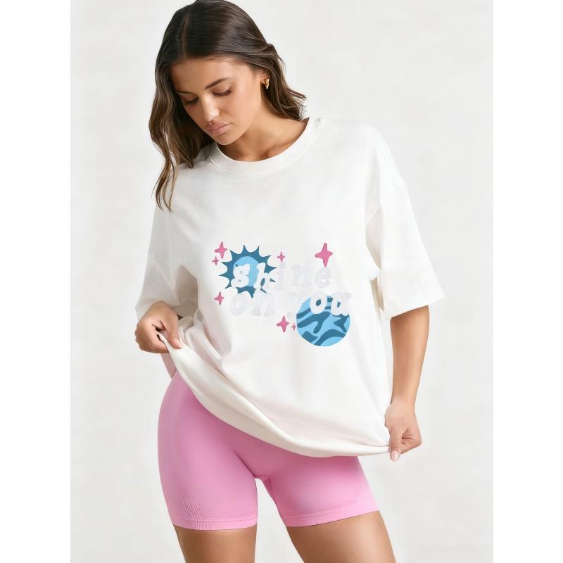 Oversized T Shirt Black Shine On You Graphic Print With Stars And Planets Casual Wear For Women