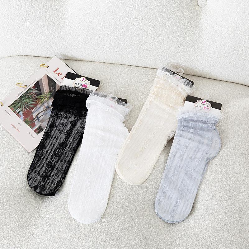 Japanischer Stil Sexy Spitze Rüschen Socken Ultradünne Transparente Sommer Lochmuster Netz Kniestrümpfe Damen Mode Harajuku Retro Lange Socken