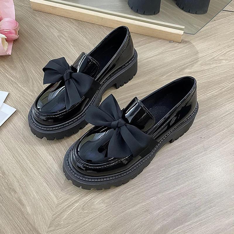 Fashion Women Flat Shoes Bowknot Leather Shoes Ladies 2025 New Spring Thick Heel Loafers Woman Fashion Comfortable Work Shoes Zapatos