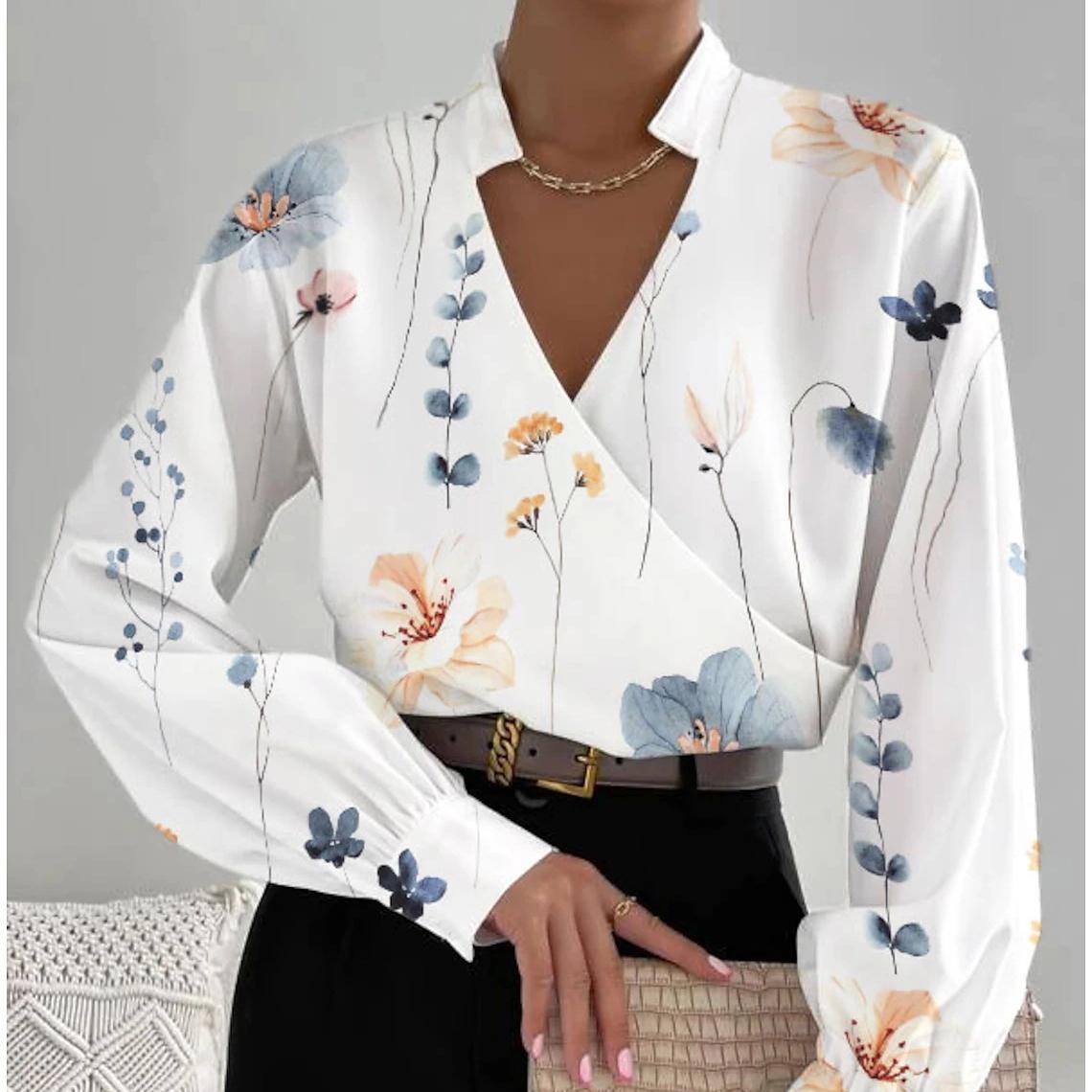

YYFS женские модные повседневные весенне-осенние блузки и рубашки с v-образным вырезом и длинными рукавами с цветочным узором и принтом S