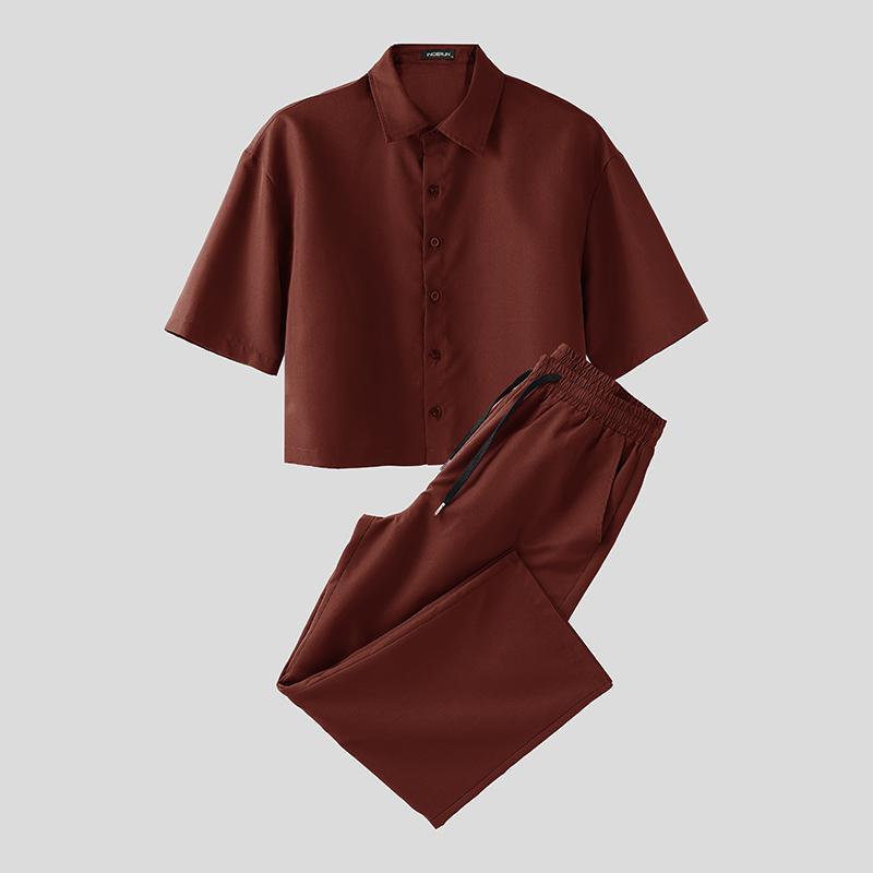 INCERUN Two Pieces Men Lapel Short Sleeve Cropped T-shirts Long Pants Sets Suits