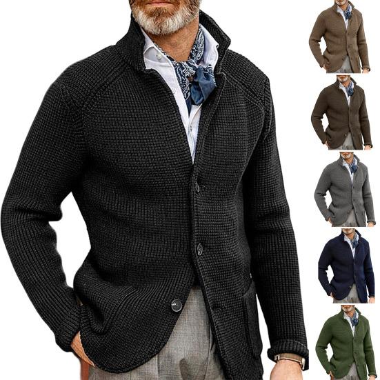 Stand Collar Long Sleeve Pockets Thickened Sweater Coat Men Autumn Winter Solid Color Buttons Placket Knitted Outerwear