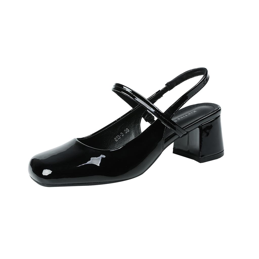 813-3 square head patent leather strap thick heel single shoes women's new French light mouth glossy medium heel single shoes women's shoes