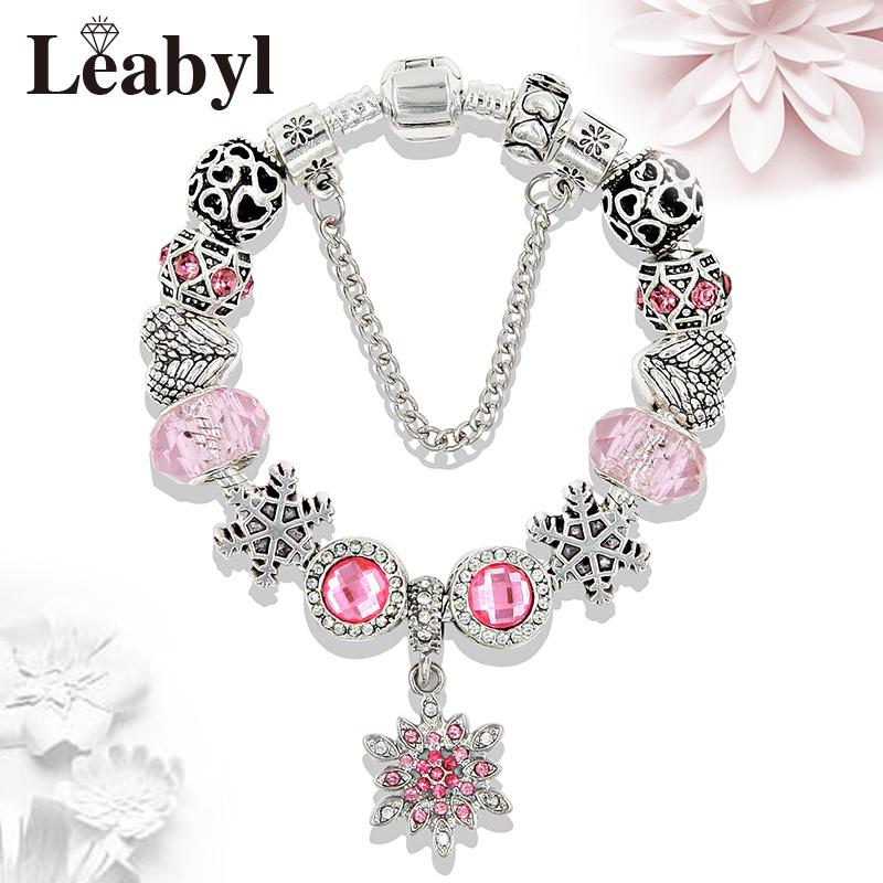 New Valentine's Romantic Pink Heart Charm Bracelet & Bangle Fine Crystal Diy Bead Bracelet Jewelry for Women Girl Gift