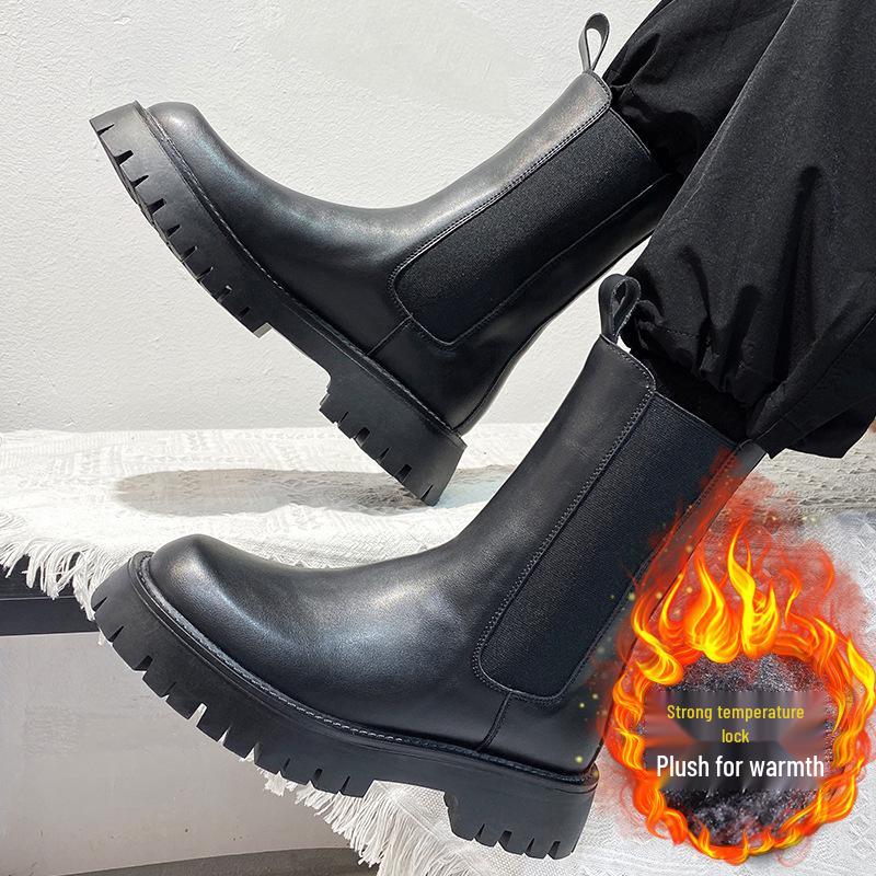 Men's Black British-Style Chelsea Boots: Soft Leather, High Top, Thick Sole, Motorcycle Workwear